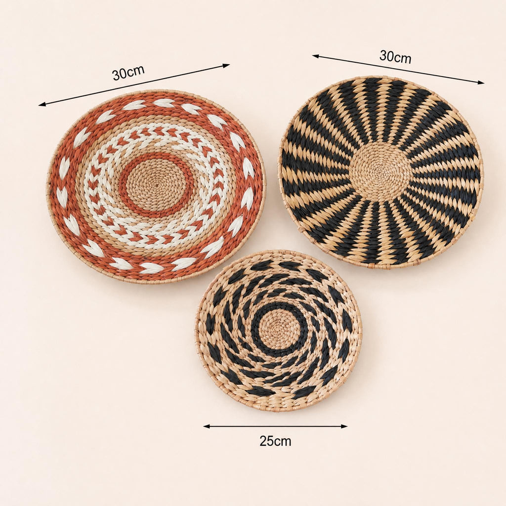three woven baskets of different sizes and designs, with measurements provided.