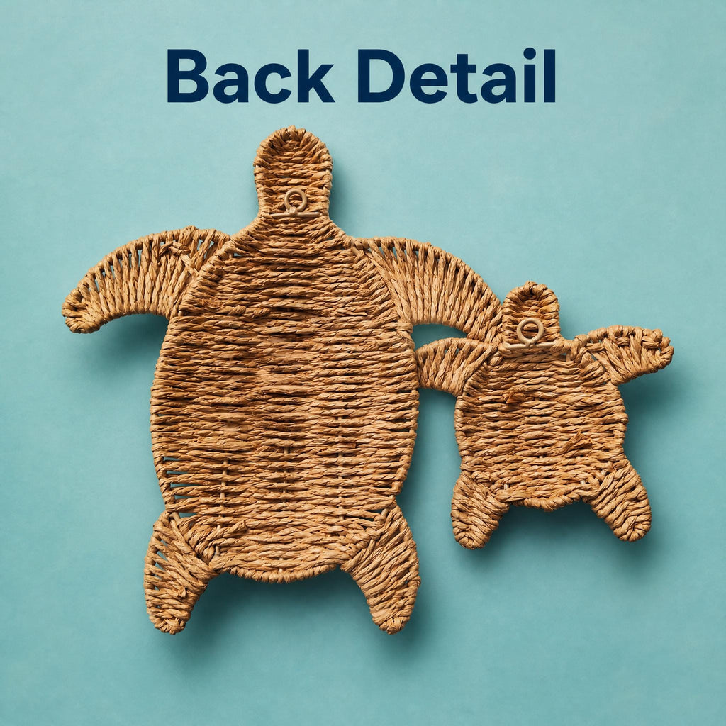 two woven turtle-shaped objects against a blue background.