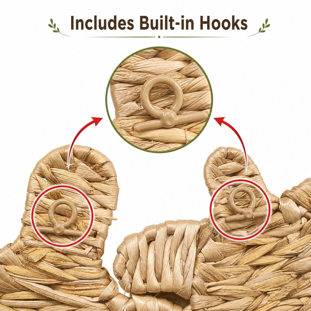 a close-up view of a woven basket with a red arrow pointing to a hook on the side. The basket appears to be made of a natural material, possibly straw or reed.