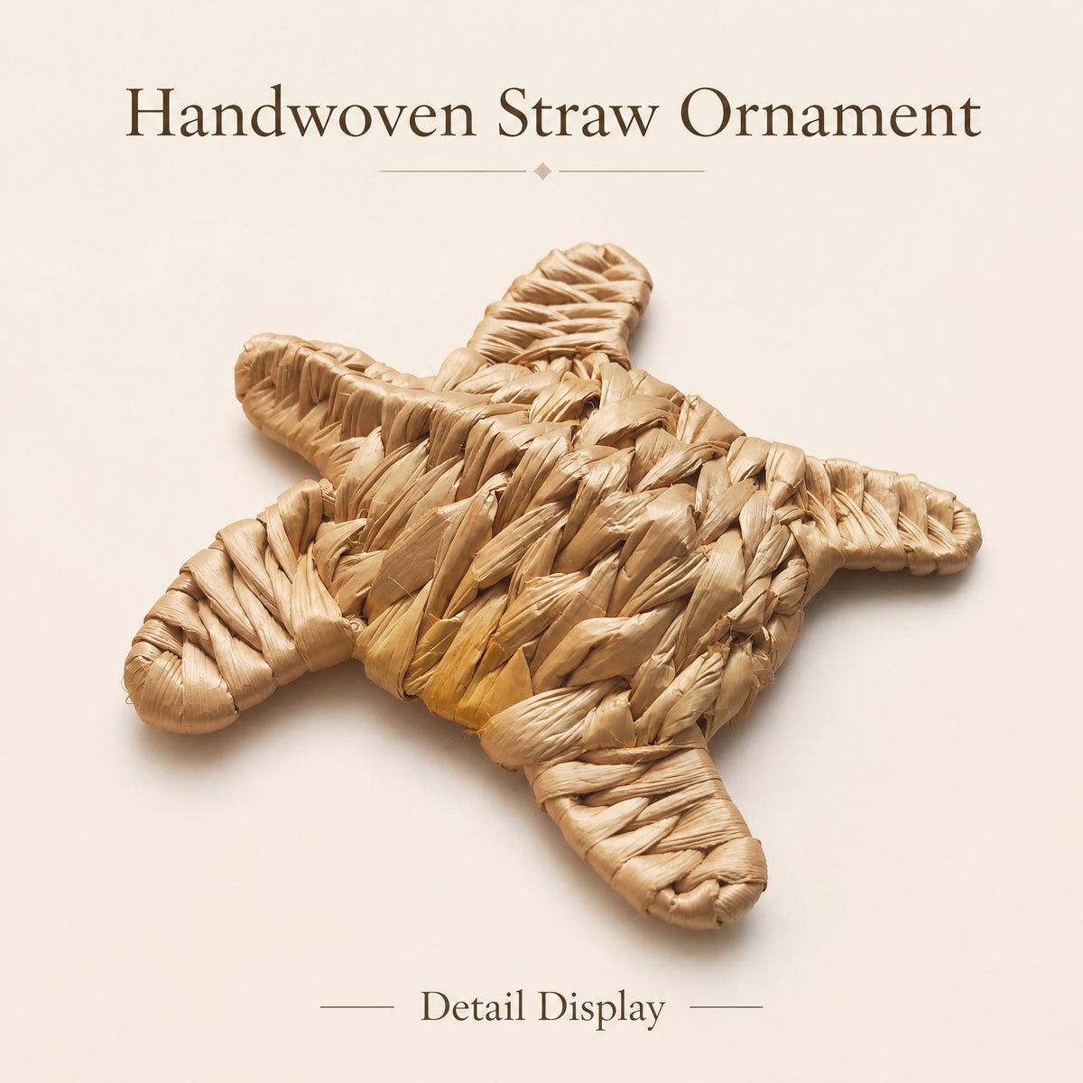 The image is a close-up of a handwoven straw ornament, showcasing the intricate details and craftsmanship of the piece.