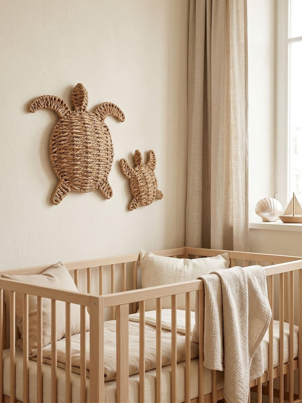 a cozy nursery with a wooden crib and two woven turtle wall decorations. The crib has a blanket draped over it, creating a warm and inviting atmosphere.