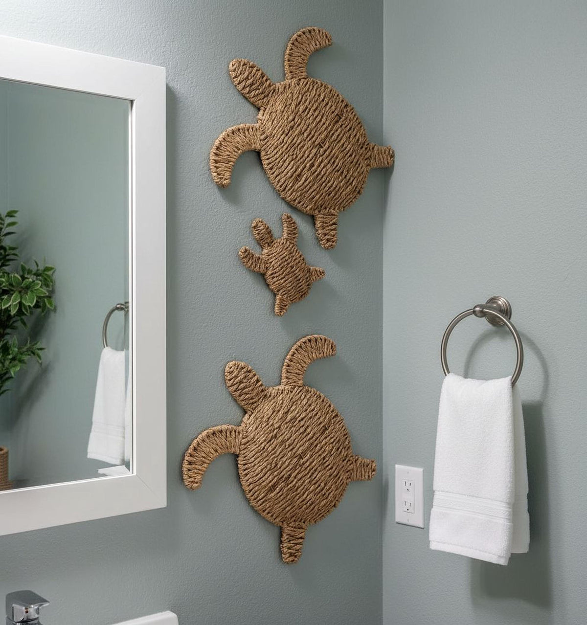 a bathroom with a mirror, towel rack, and three woven turtle-shaped wall decorations.