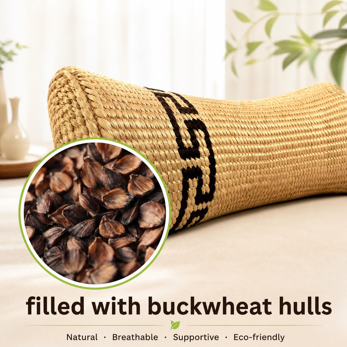 A woven pillow filled with buckwheat hulls, which is described as a natural, breathable, supportive, and eco-friendly product.