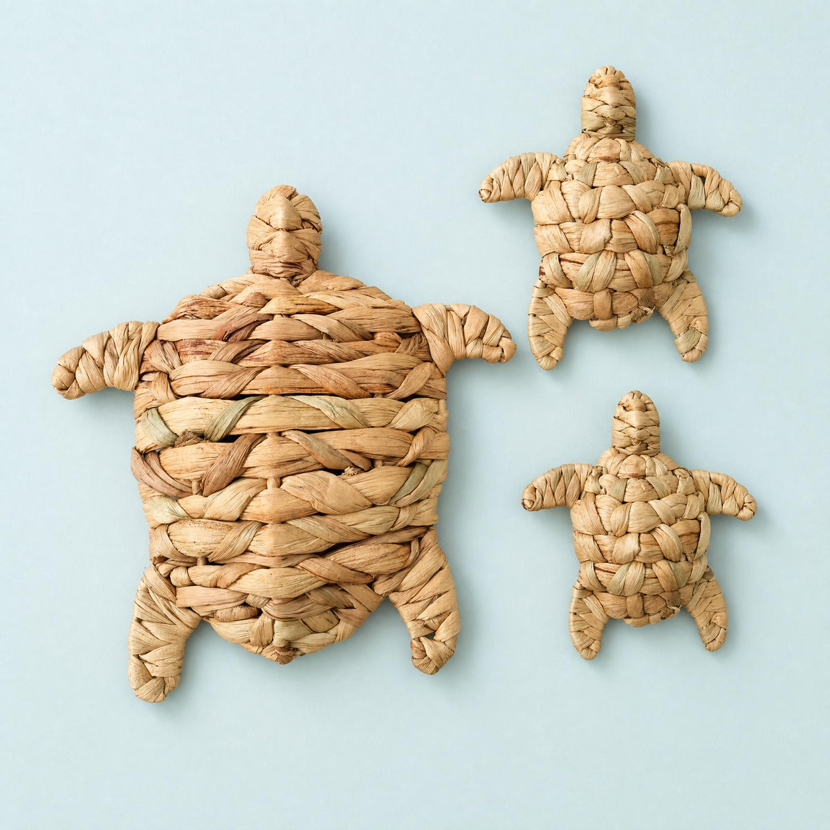 Three woven turtle-shaped objects made from a natural material, likely straw or reed, arranged in a row against a light blue background.