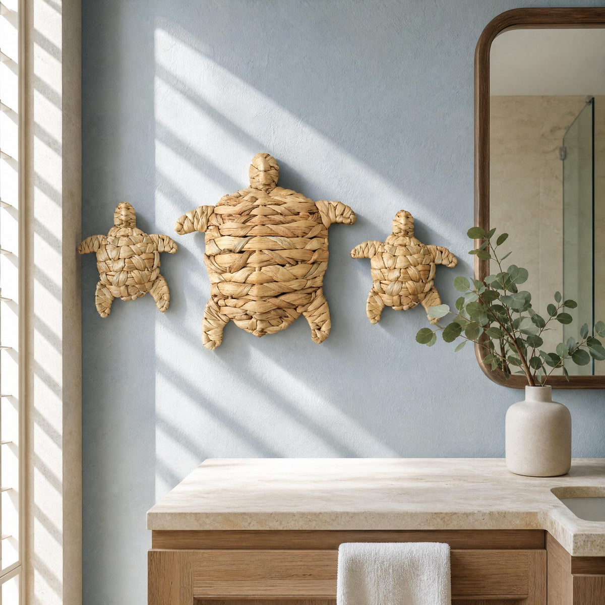 a bathroom with a wooden vanity, a mirror, and three decorative turtle-shaped wall art pieces. The wall art is made of woven materials and adds a coastal or nautical theme to the space.