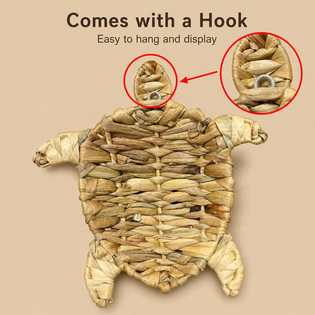 a woven turtle-shaped object with a hook attached to it.