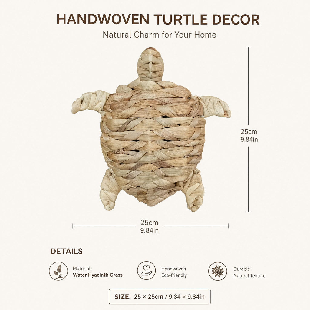The image is a product image for a handwoven turtle decor. It features a close-up view of a woven turtle-shaped object, which appears to be made of natural materials. The image provides details about the product, including its size, material, and durability.
