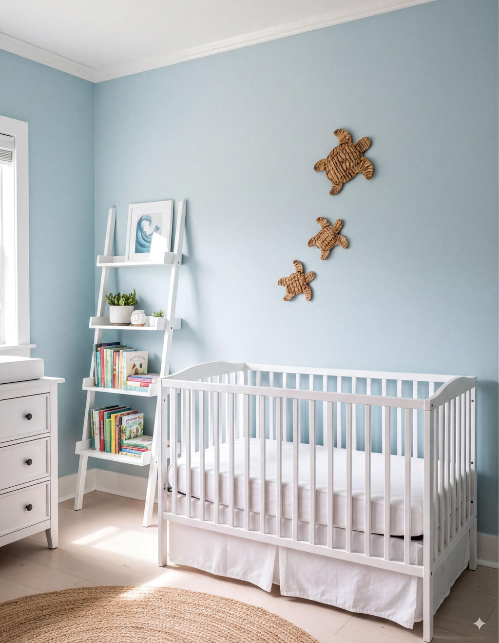a serene nursery room with a white crib, a bookshelf, and a decorative wall art piece featuring three turtle figurines.