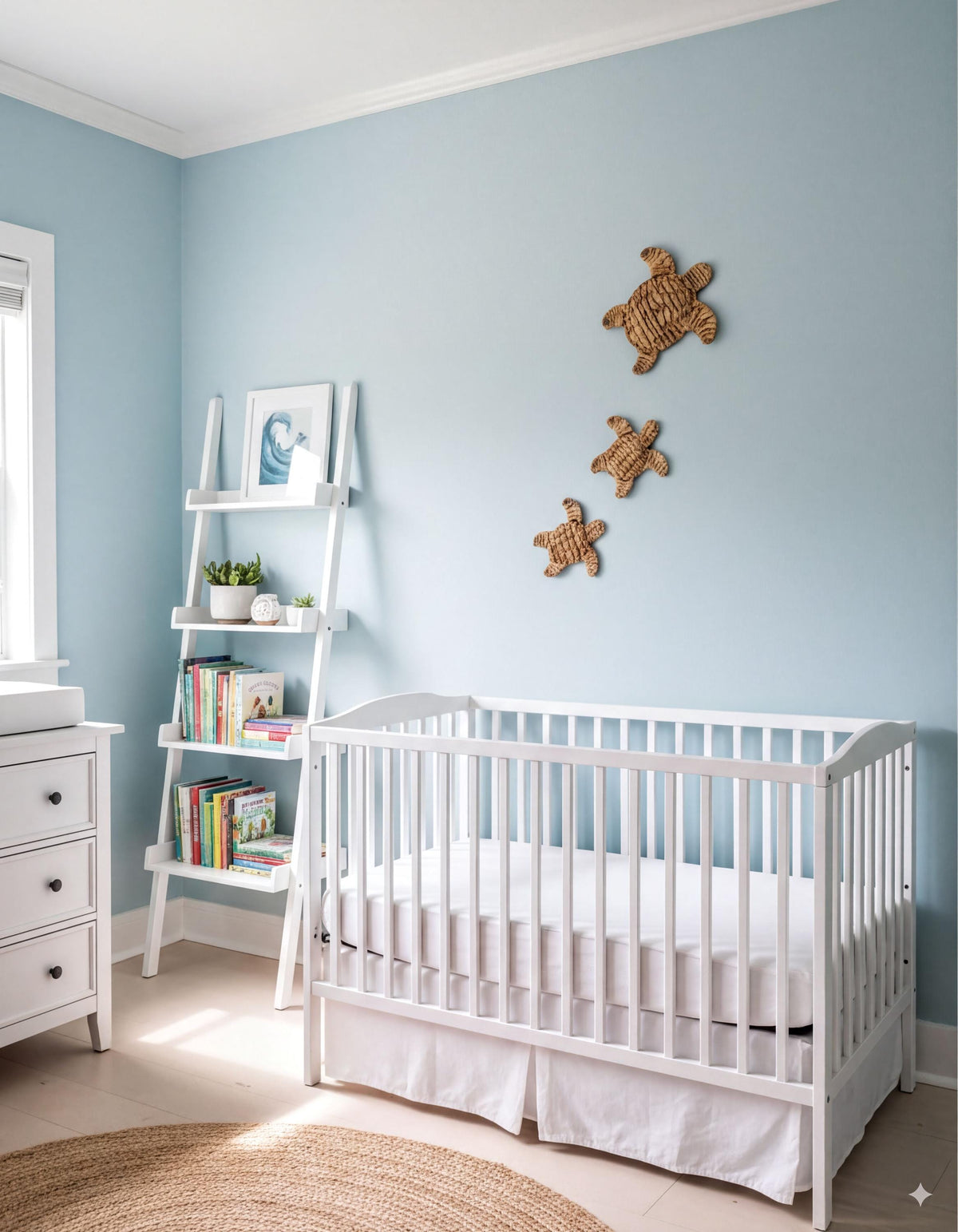 a serene nursery room with a white crib, a bookshelf, and a decorative wall art piece featuring three turtle figurines.
