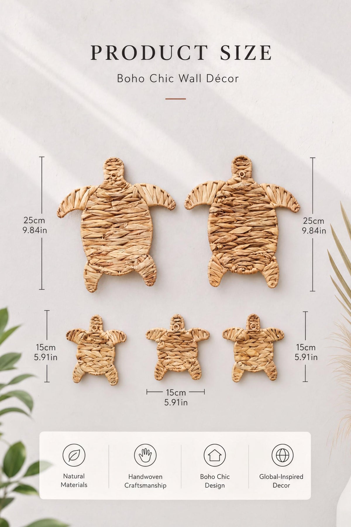 The image is a product size chart for a Boho Chic Wall Decor item, featuring three turtle-shaped wall decorations in different sizes.