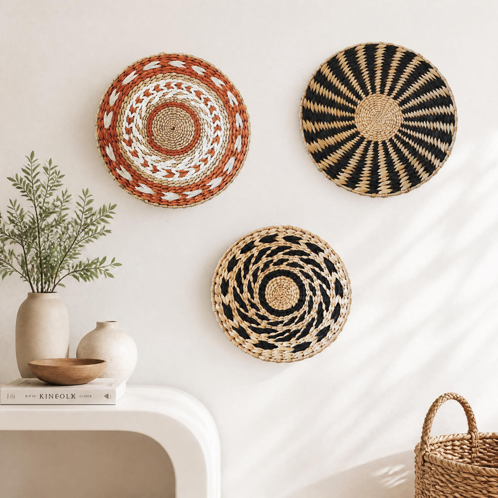 a white wall with three decorative woven baskets hanging on it. The baskets have different patterns and colors, creating a visually appealing display. In addition to the baskets, there is a plant in a white vase, a wooden bowl, and a book on a white table.
