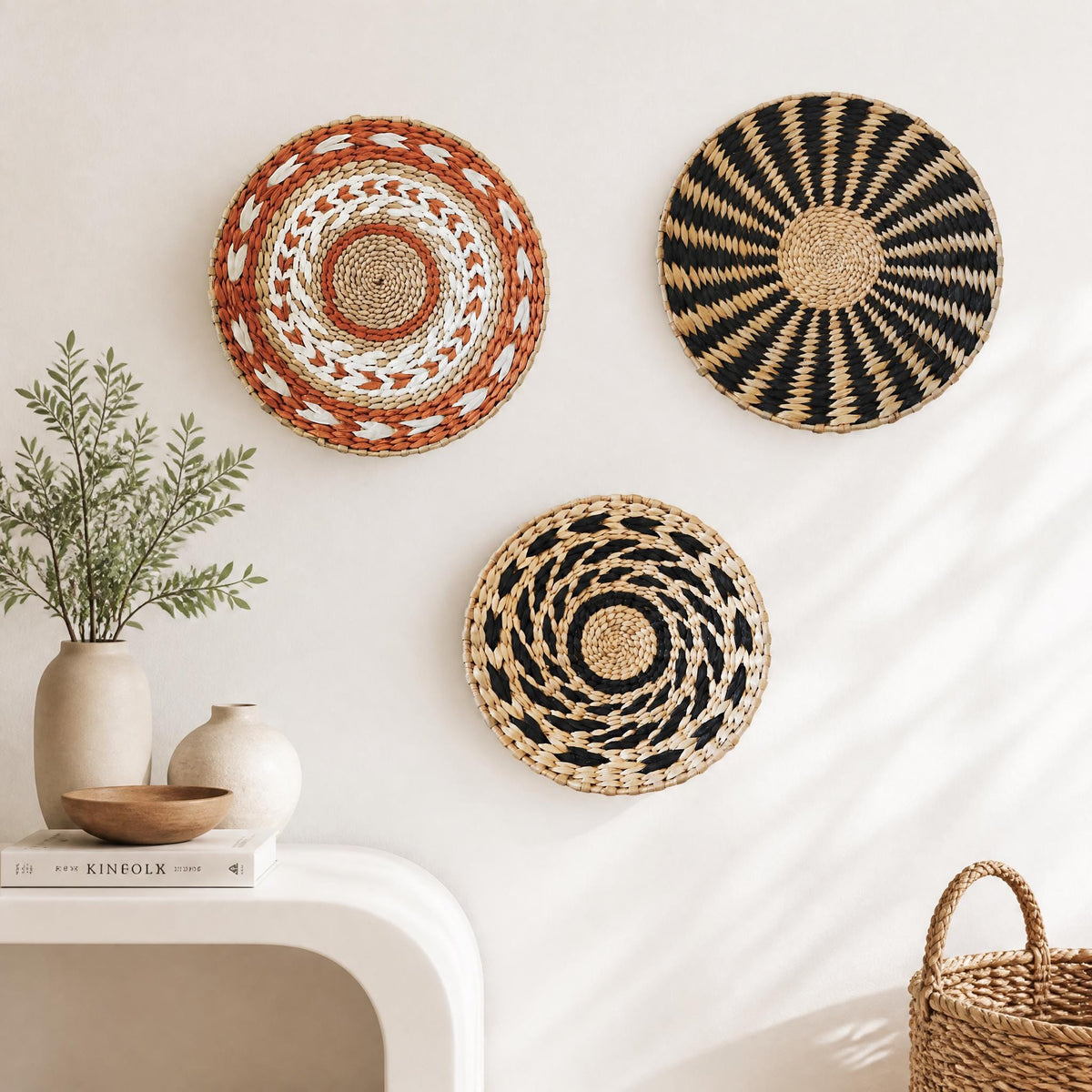 a white wall with three decorative woven baskets hanging on it. The baskets have different patterns and colors, creating a visually appealing display. In addition to the baskets, there is a plant in a white vase, a wooden bowl, and a book on a white table.