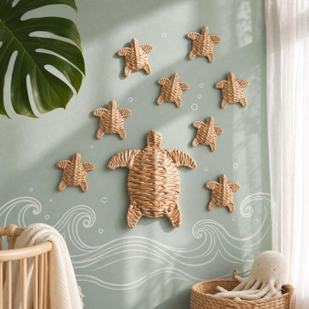 a wall decorated with a collection of sea-themed wall art, including a large turtle and starfish designs, as well as a palm leaf. The wall is painted in a light blue color, and there are white waves painted on the wall, creating a serene and nautical atmosphere.