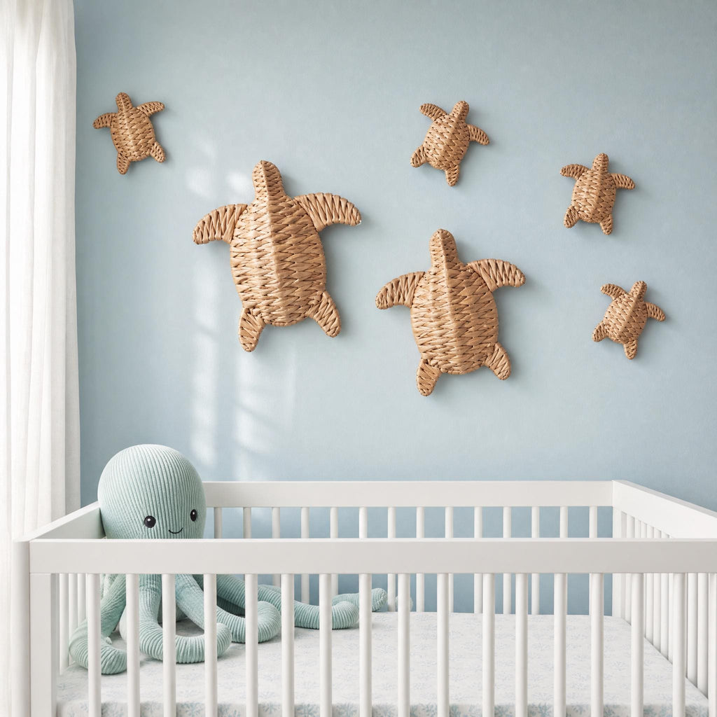 A white crib with a plush toy octopus on top, and a wall decorated with woven starfish and turtle-shaped wall hangings.