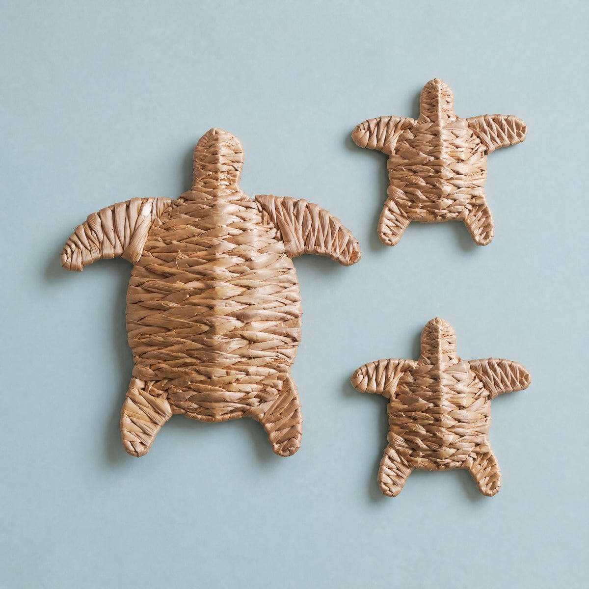 Three woven turtle figurines are arranged on a light blue background.