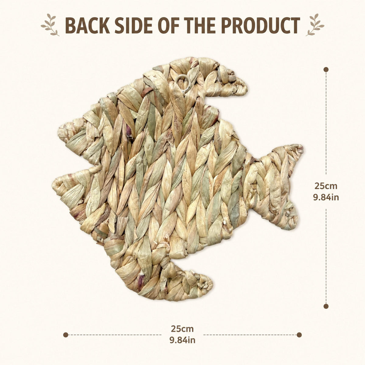a woven object resembling a fish, with dimensions provided.