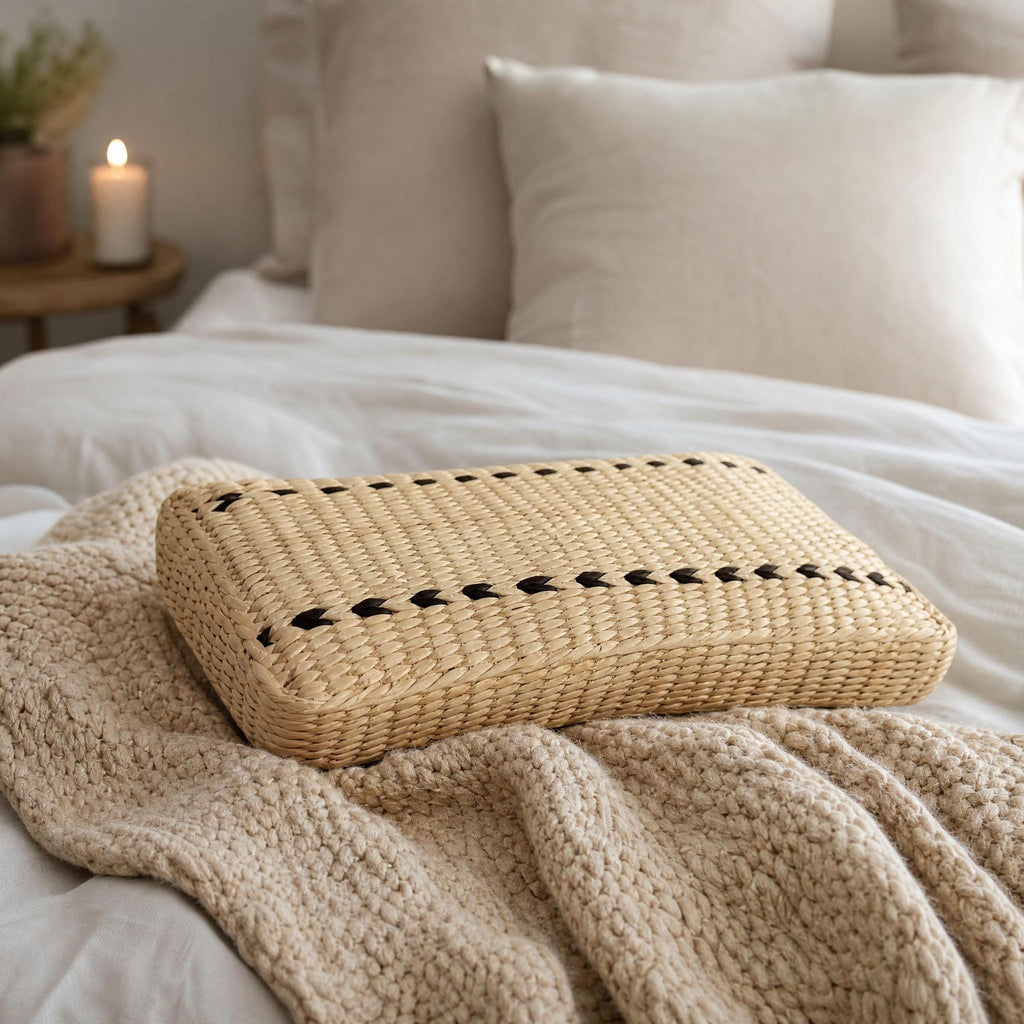 A woven basket with black accents rests on a bed, surrounded by a beige blanket and a white pillow.