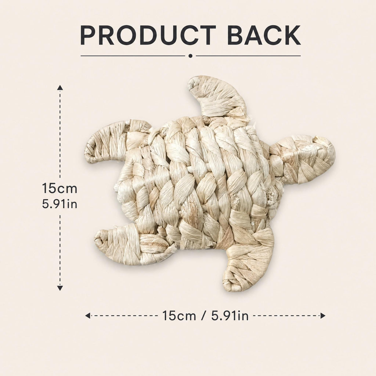a woven turtle-shaped object, likely a product or artwork, with dimensions provided in centimeters.