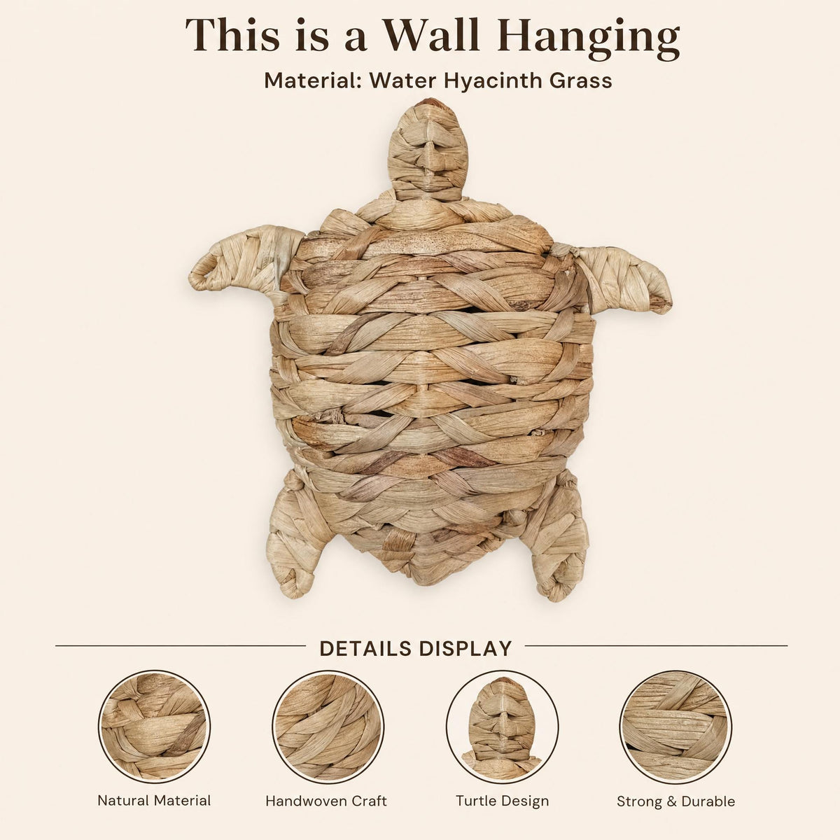 This image is a wall hanging made of woven materials, specifically water hyacinth grass.