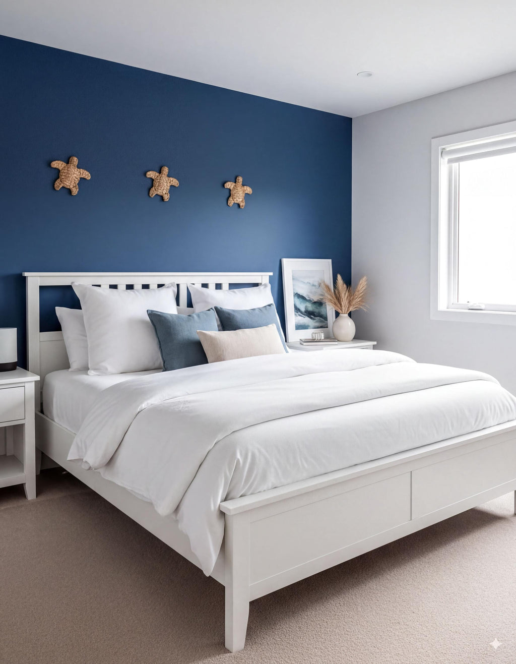 a serene and cozy bedroom with a large white bed, a blue accent wall, and three starfish wall decorations. The bed is neatly made with white linens and pillows, and there is a white nightstand next to it. The room also features a window, a vase of dried flowers, and a painting on the wall.