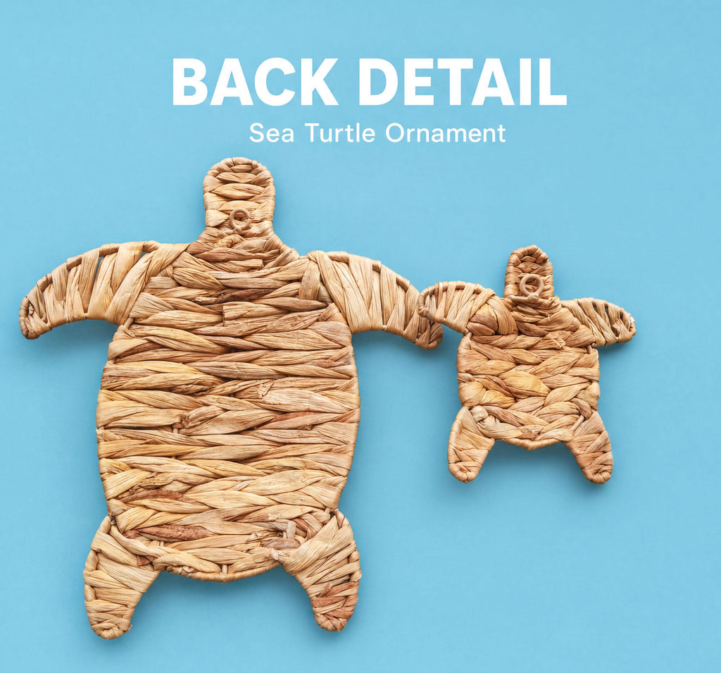 two sea turtle ornaments made of woven materials, one larger and one smaller, against a blue background.