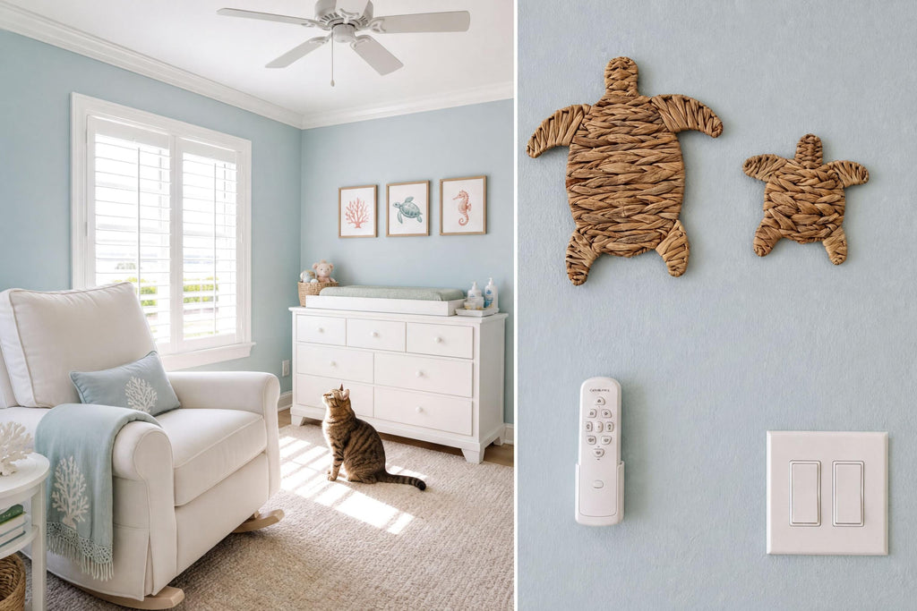 The image is a collage of two photos. The left photo shows a nursery room with a white rocking chair, a cat sitting on the floor, and a window with blinds. The right photo shows a nursery room with two turtle-shaped decorations on the wall and a remote control on the floor.
