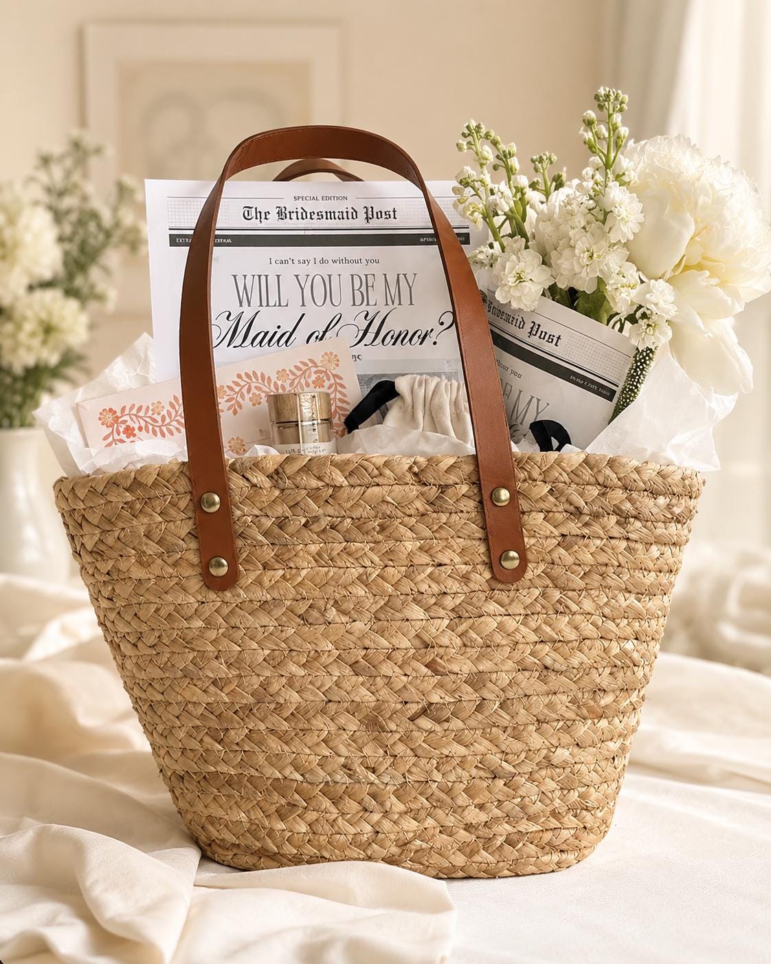 Bridesmaid Tote Bag, Handwoven Straw Bag with Leather Handles, Wedding Welcome Gift - view 2