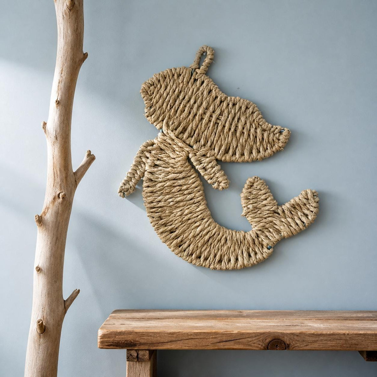Handmade woven paper rope mermaid wall decor for coastal nursery, beach house and boho bathroom - view 2