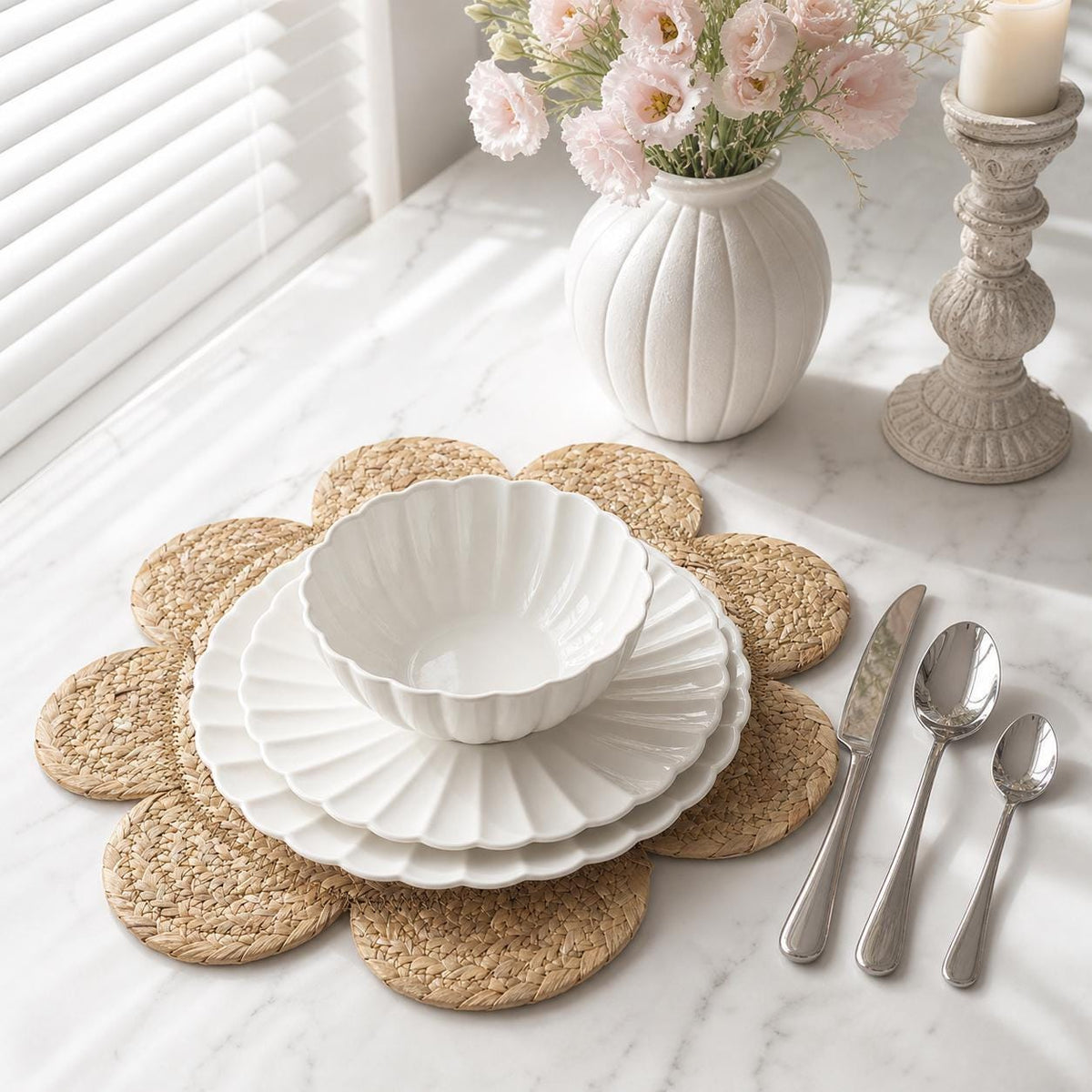 Handmade water hyacinth and cornhusk woven flower placemat, round boho table mat and charger - view 4