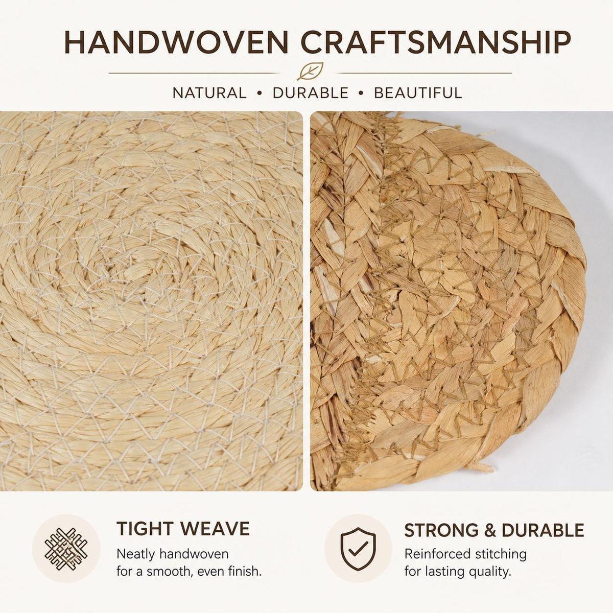 Handmade water hyacinth and cornhusk woven flower placemat, round boho table mat and charger - view 5