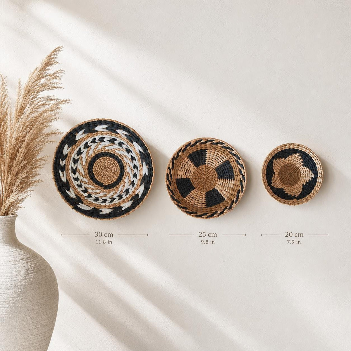 Handmade woven cattail wall basket set of 3 for boho living room, bedroom and rustic home decor - view 2