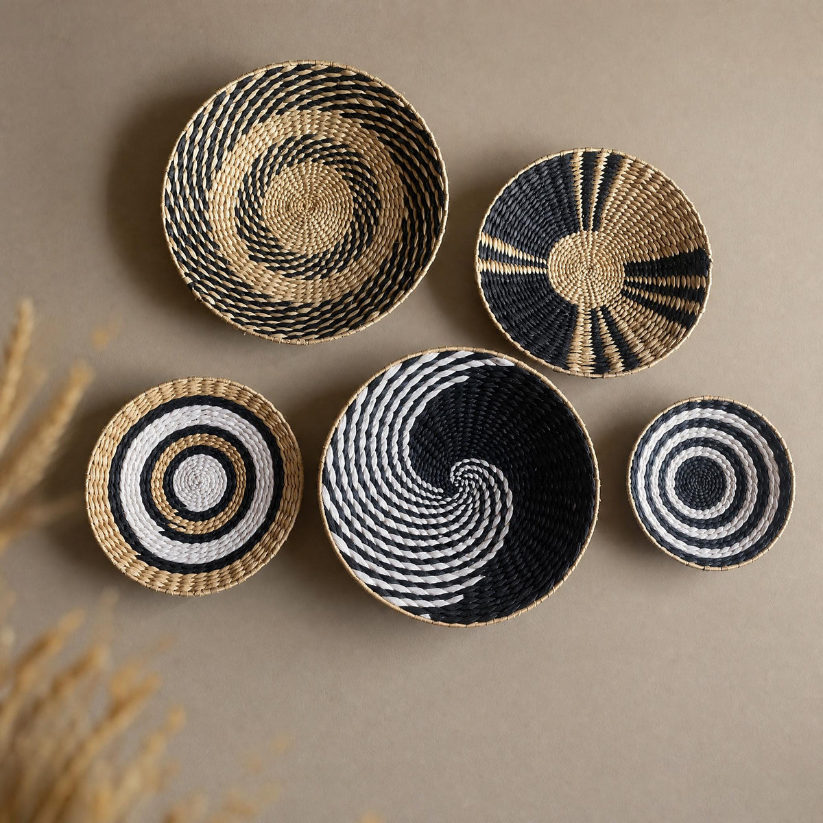 Handmade woven cattail wall basket set of 5 in black, white and natural tan geometric patterns for boho living room and rustic home decor - view 2