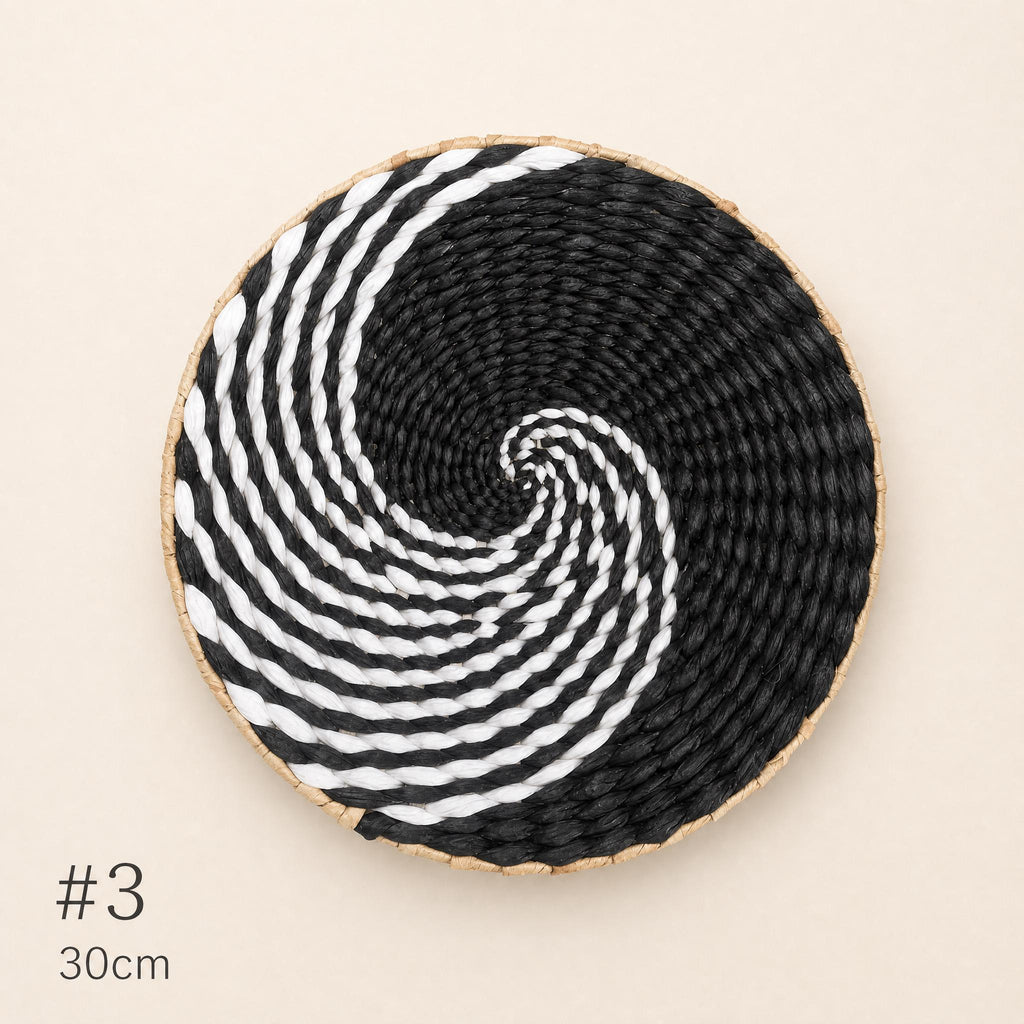 Handmade woven cattail wall basket set of 5 in black, white and natural tan geometric patterns for boho living room and rustic home decor - view 6
