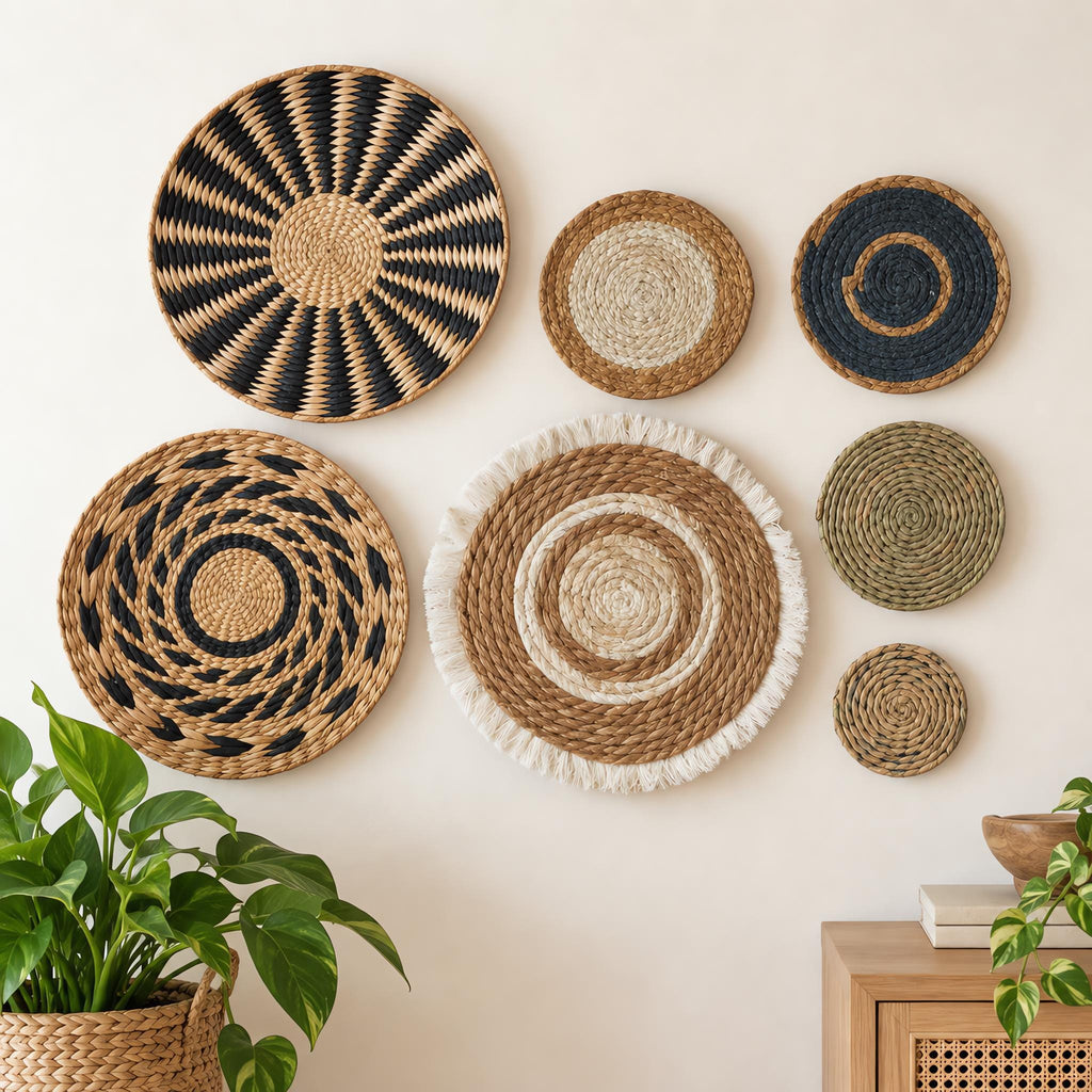 Set of 7 handwoven cattail grass wall baskets in mixed boho patterns and sizes, for rustic living room and boho home decor