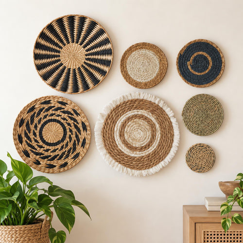 Set of 7 handwoven cattail grass wall baskets in mixed boho patterns and sizes, for rustic living room and boho home decor