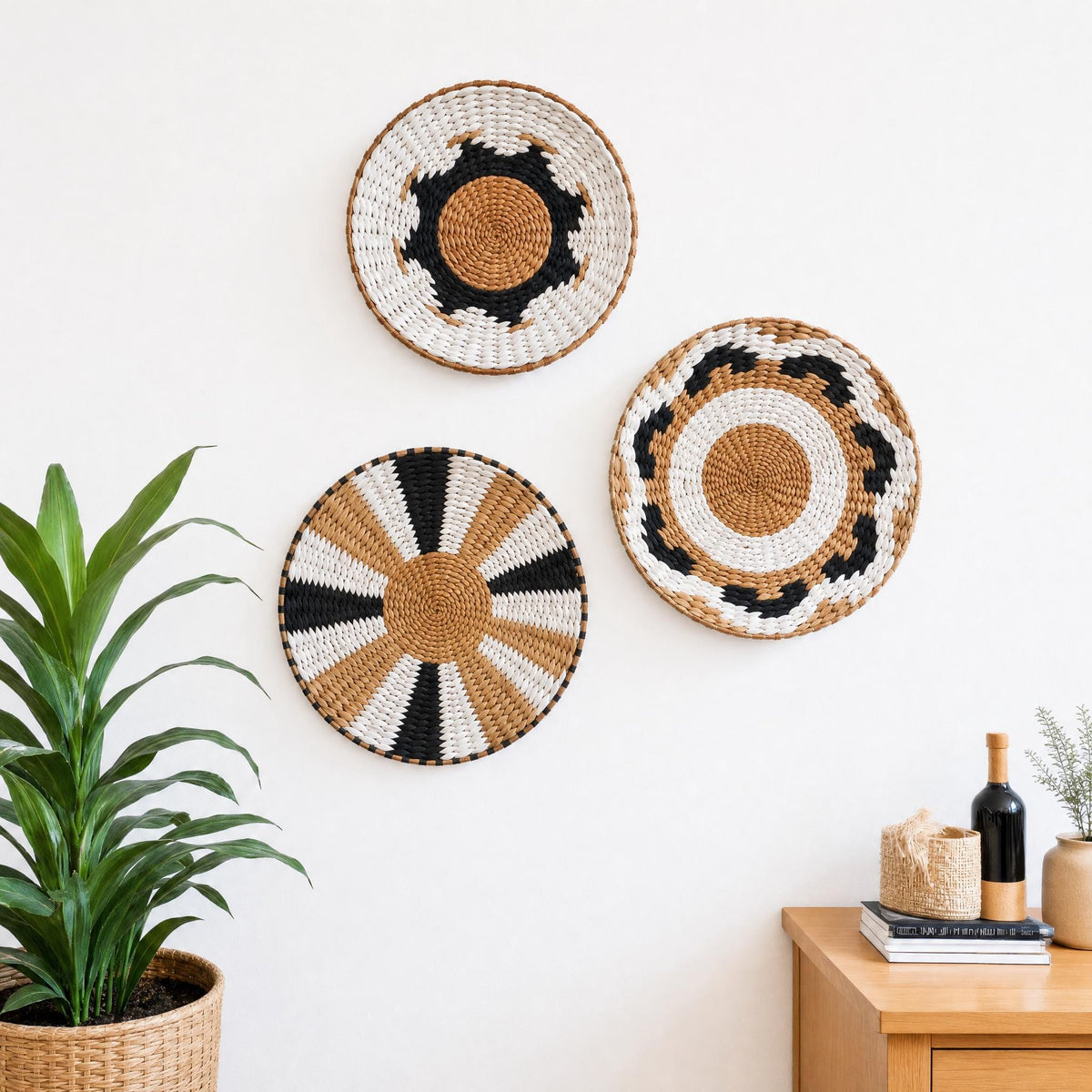Set of 3 handwoven wall baskets with black and white geometric patterns, boho living room wall decor