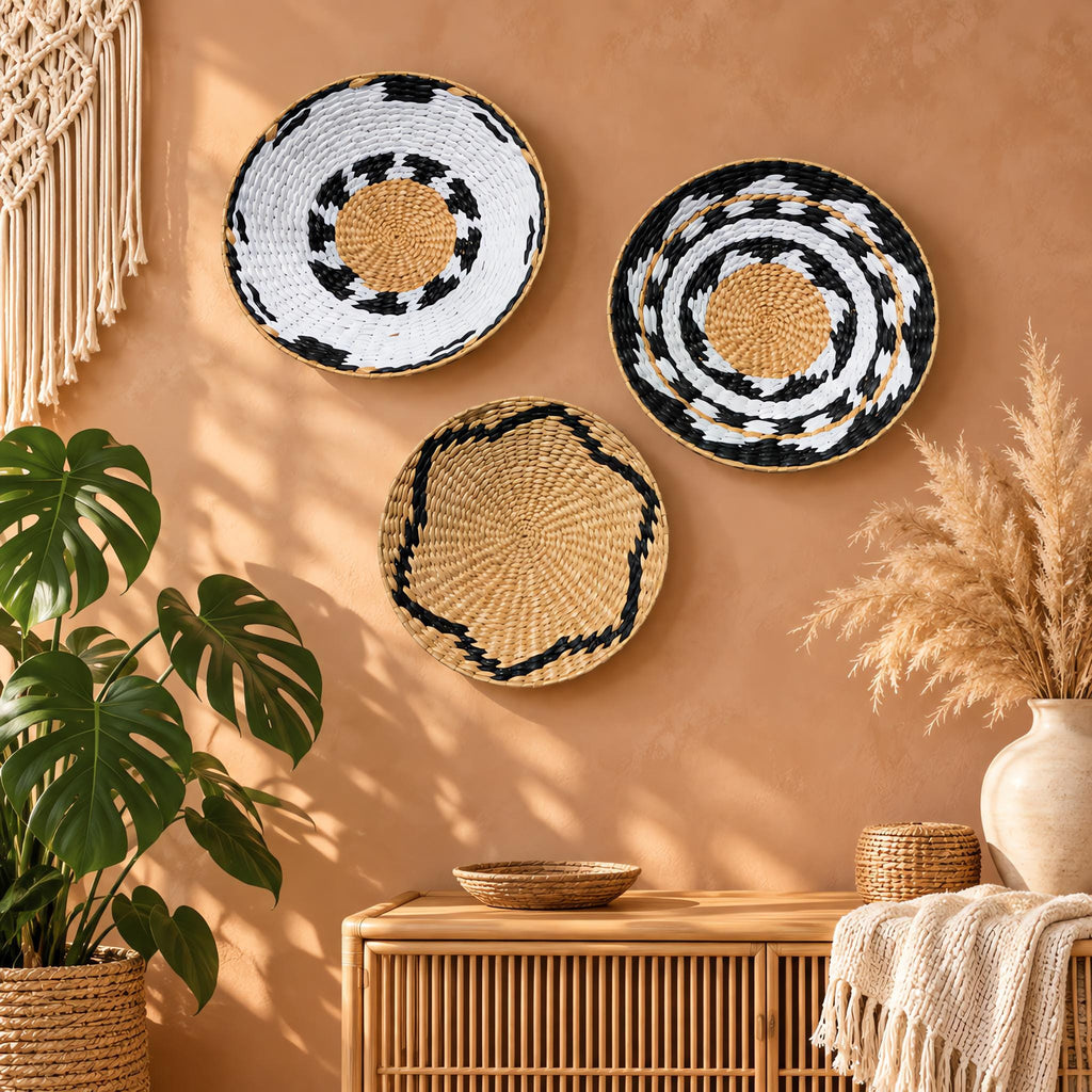 Set of 3 handwoven boho straw wall baskets, natural and black patterns, terracotta wall styling for boho coastal home decor