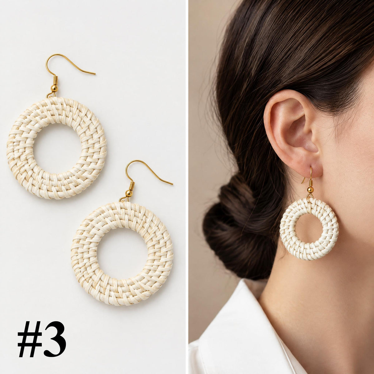 Handmade rattan white round hoop earrings, style 3 of 16, pair shown flat and worn on model