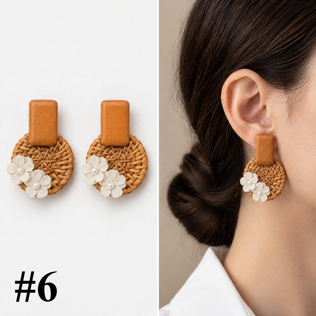 Handmade rattan wood and flower stud earrings, style 6 of 16, pair shown flat and worn on model