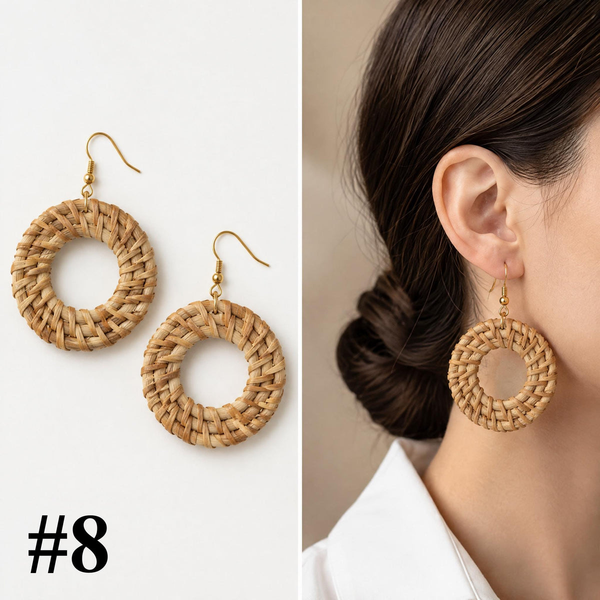 Handmade rattan natural big hoop earrings, style 8 of 16, pair shown flat and worn on model