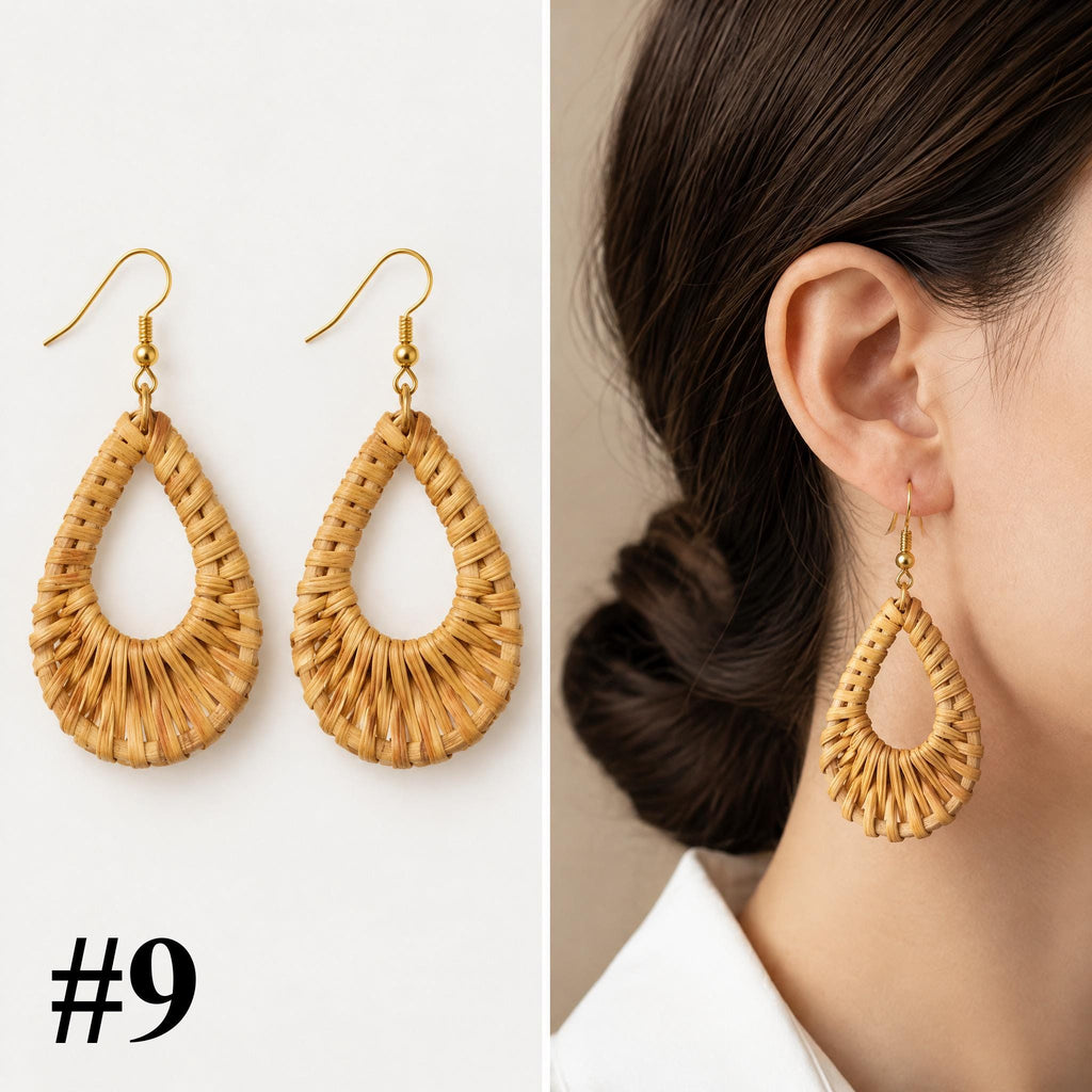 Handmade rattan teardrop dangle earrings, style 9 of 16, pair shown flat and worn on model
