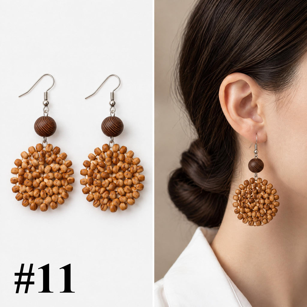 Handmade rattan brown bead ball earrings, style 11 of 16, pair shown flat and worn on model
