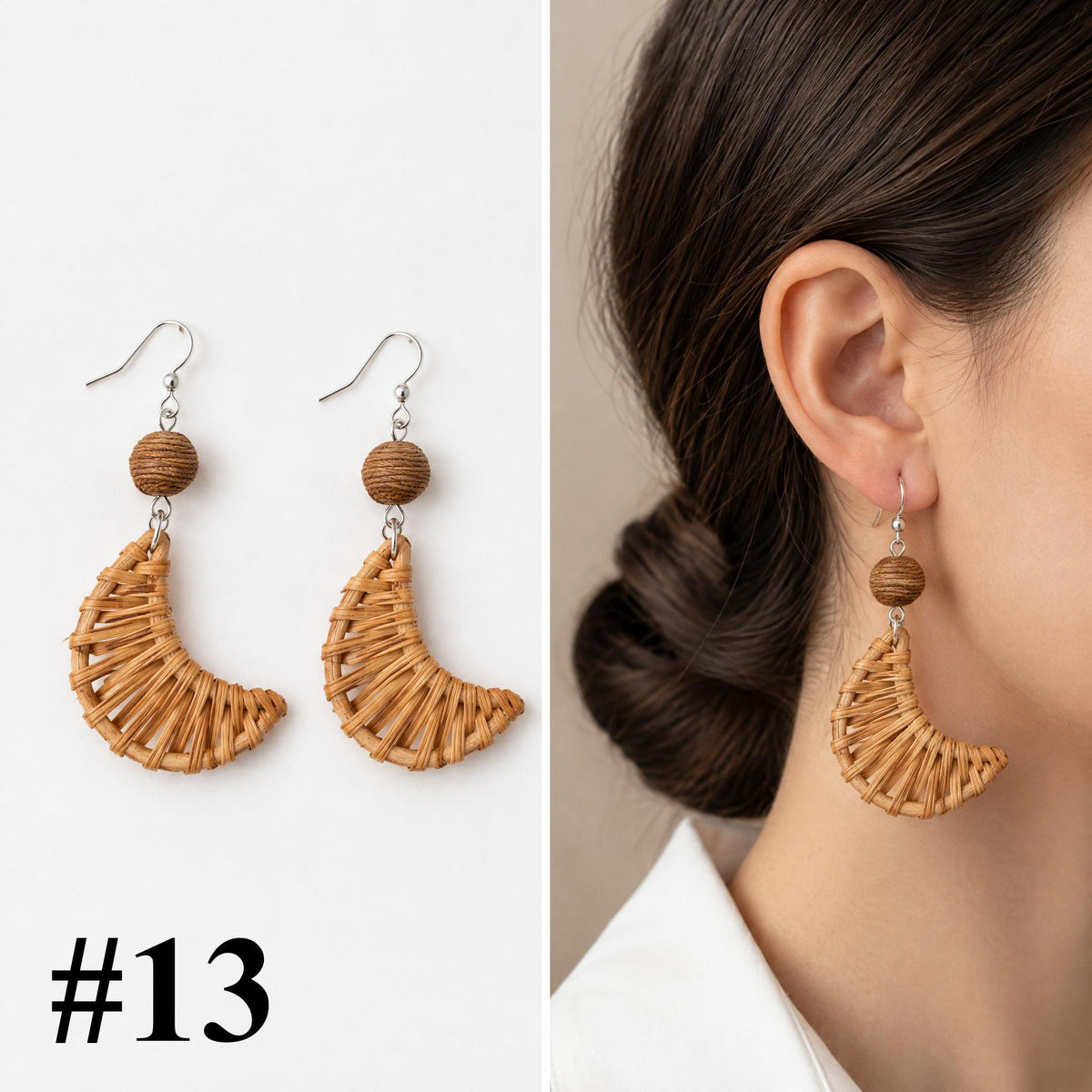 Handmade rattan half-moon drop earrings, style 13 of 16, pair shown flat and worn on model