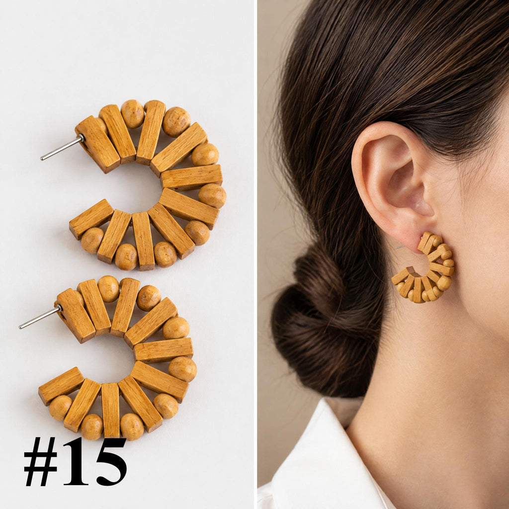 Handmade rattan chunky wood ring hoop earrings, style 15 of 16, pair shown flat and worn on model