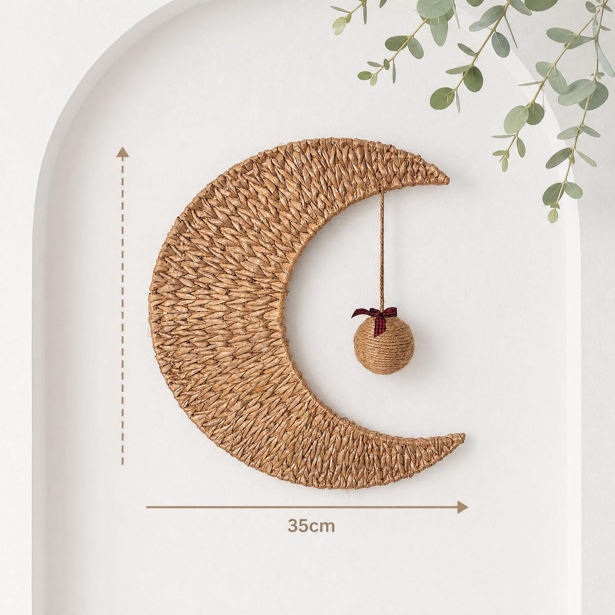 Handmade woven moon wall decor with a christmas ball ornament, 35 cm wide, option Xmas Ball