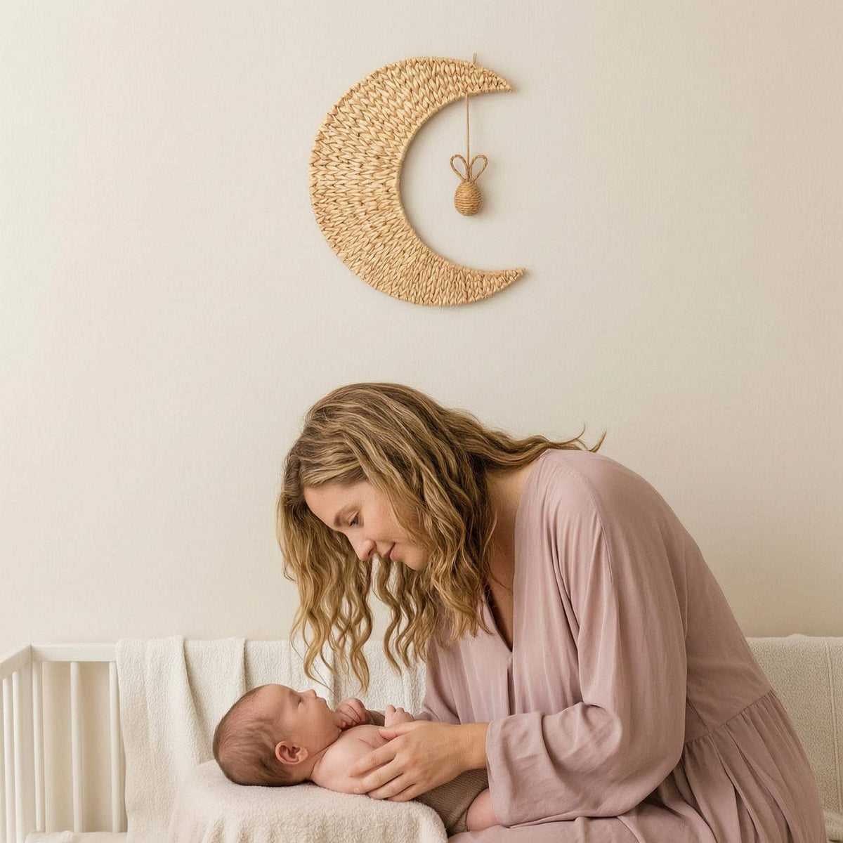 Handmade woven moon wall decor with a rabbit ball ornament hanging in a nursery, option Rabbit Ball