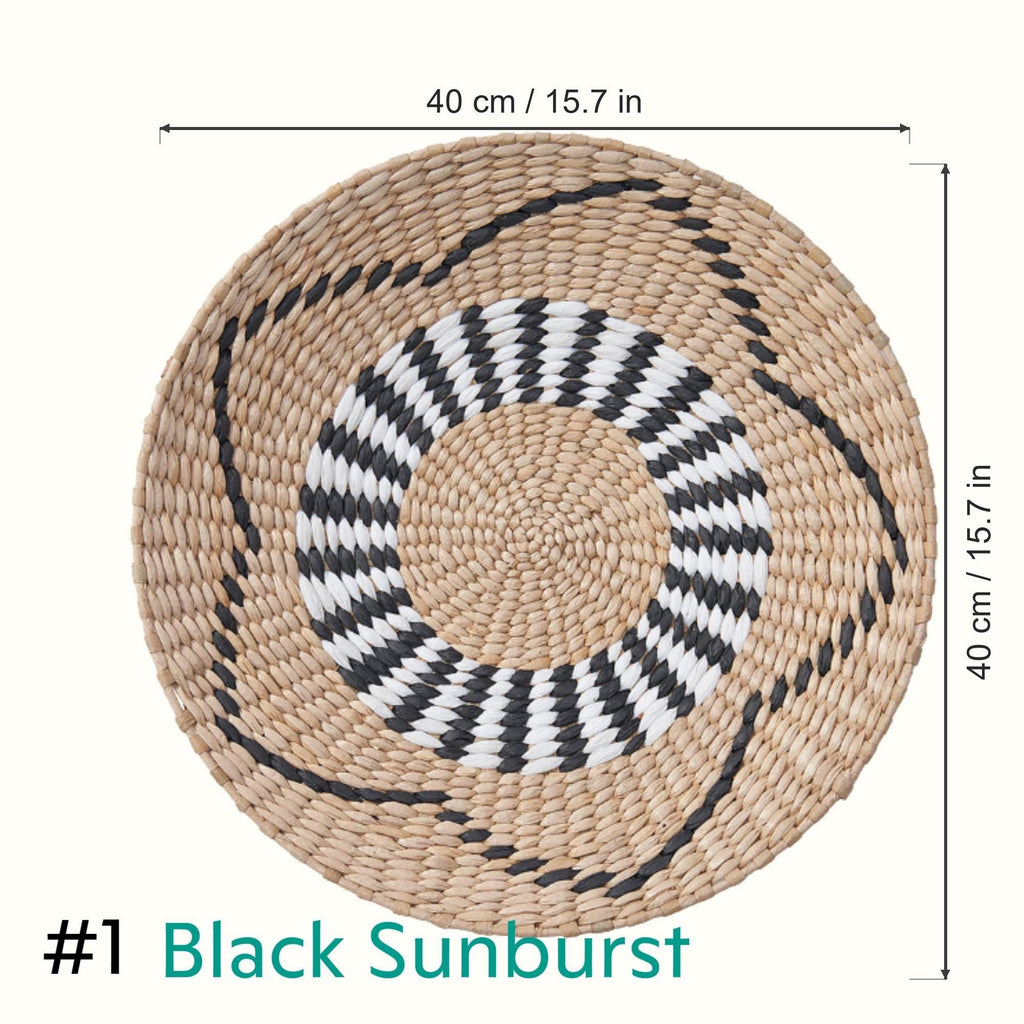 Black Sunburst handwoven cattail wall plate, style #1, 40 cm / 15.7 in diameter with size marked