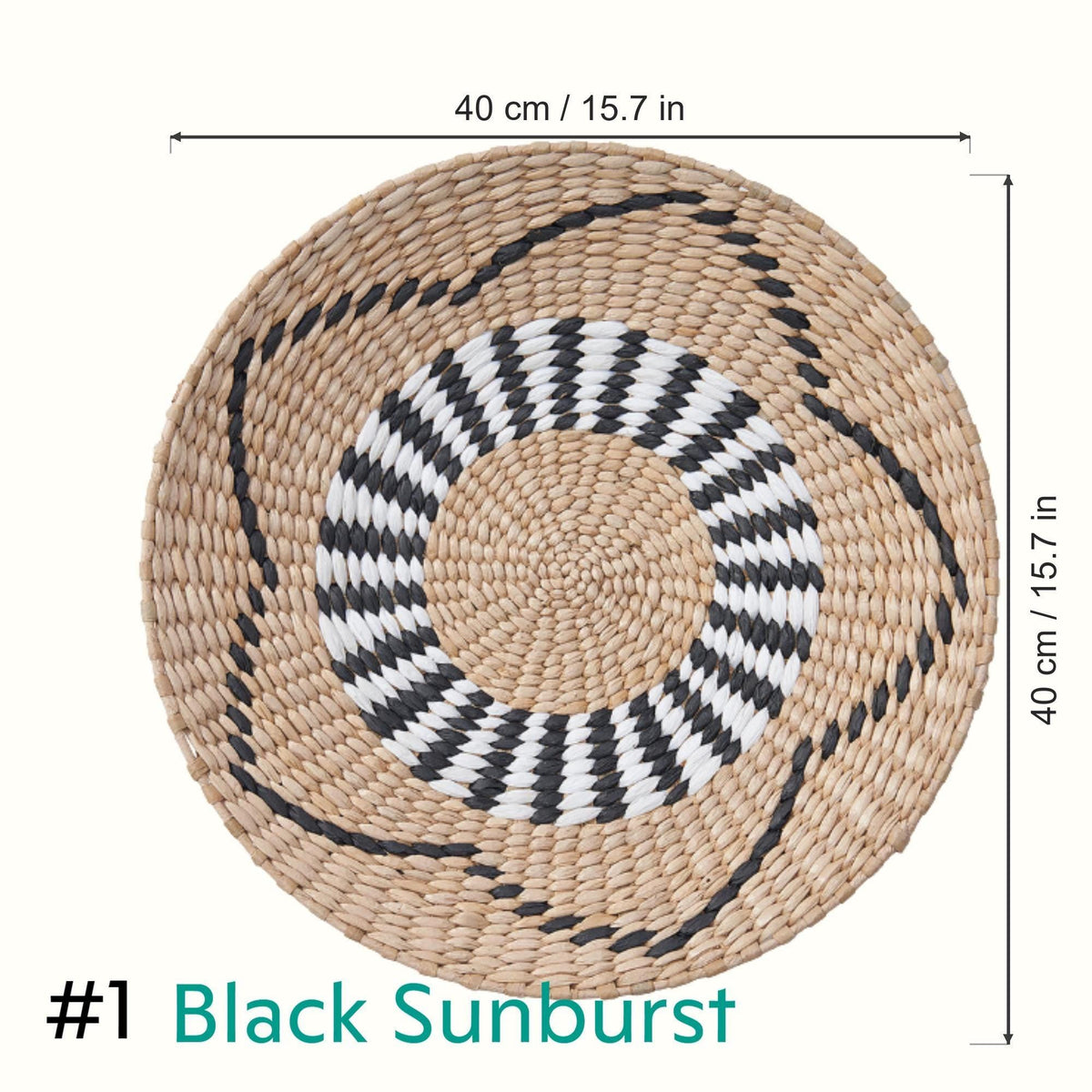 Black Sunburst handwoven cattail wall plate, style #1, 40 cm / 15.7 in diameter with size marked