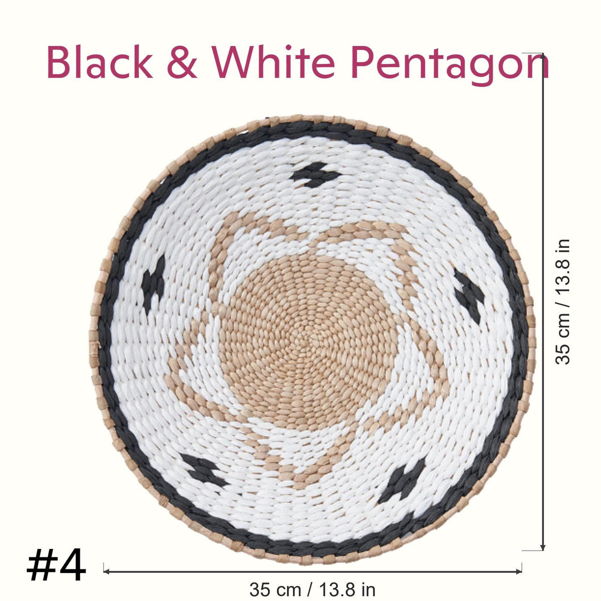 Black and White Pentagon handwoven cattail wall plate, style #4, 35 cm / 13.8 in diameter with size marked