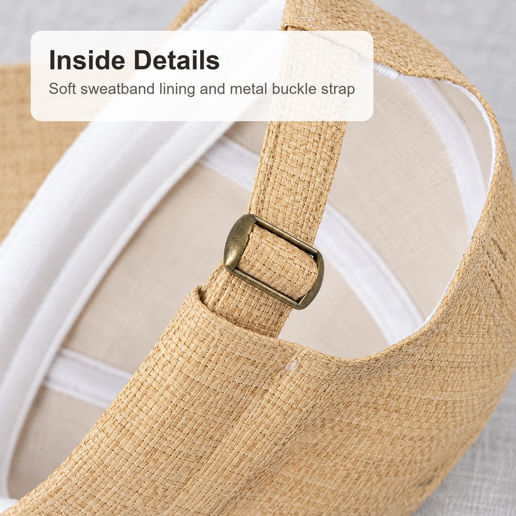 Inside of the raffia straw cap: soft sweatband lining and metal buckle on the adjustable strap